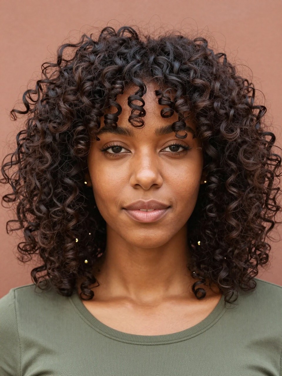 A realistic close-up portrait of a Black woman with warm brown skin wearing curly French wispy bangs and rounded shoulder-length layers, dark chocolate brown natural curls, soft curly fringe falling lightly around the eyebrows with a few shorter coils at the center, longer curls framing the temples, rounded layered shape around the face, defined curl pattern with natural frizz, hair falling around the shoulders, small gold studs, olive green ribbed top, photographed against a soft terracotta wall in natural daylight, realistic curl texture, natural skin detail, editorial beauty portrait.
