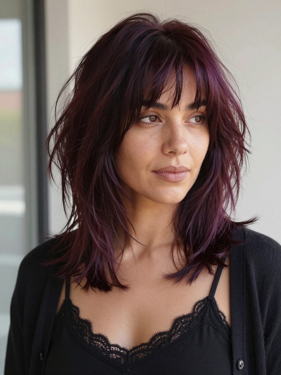 A realistic beauty portrait of a woman with medium olive skin wearing a plum-tinted shag lob with razored messy fringe, deep brunette base with soft plum tint visible in the light, shoulder-length shaggy lob, fringe cut in razored uneven pieces across the forehead, longer temple pieces, messy waves, lightly flipped layers, matte lived-in finish, black lace-trim camisole under a soft cardigan, photographed near a window in late-afternoon light, blurred neutral room background, realistic flyaways, natural skin texture, editorial hairstyle focus, subtle color not fantasy bright.