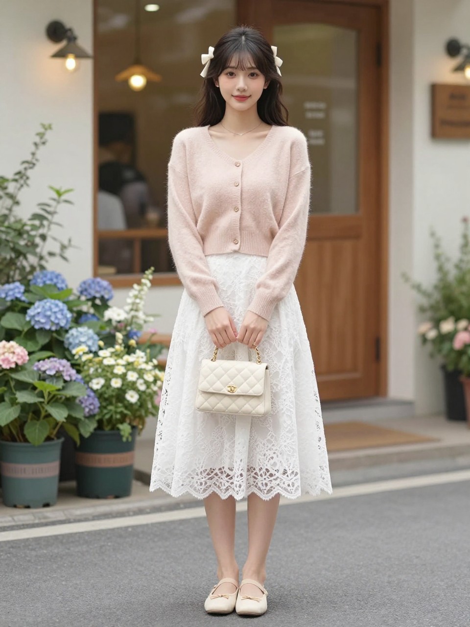 Image Prompt:
A sweet feminine outfit showing a woman wearing a white lace skirt with a soft blush cropped cardigan, cream ballet flats, a mini quilted handbag, and a delicate hair bow. The setting is a charming flower-lined street or boutique entrance with soft daylight, romantic daytime styling, full outfit visible, realistic lace and knit textures, no text, no watermark on images.