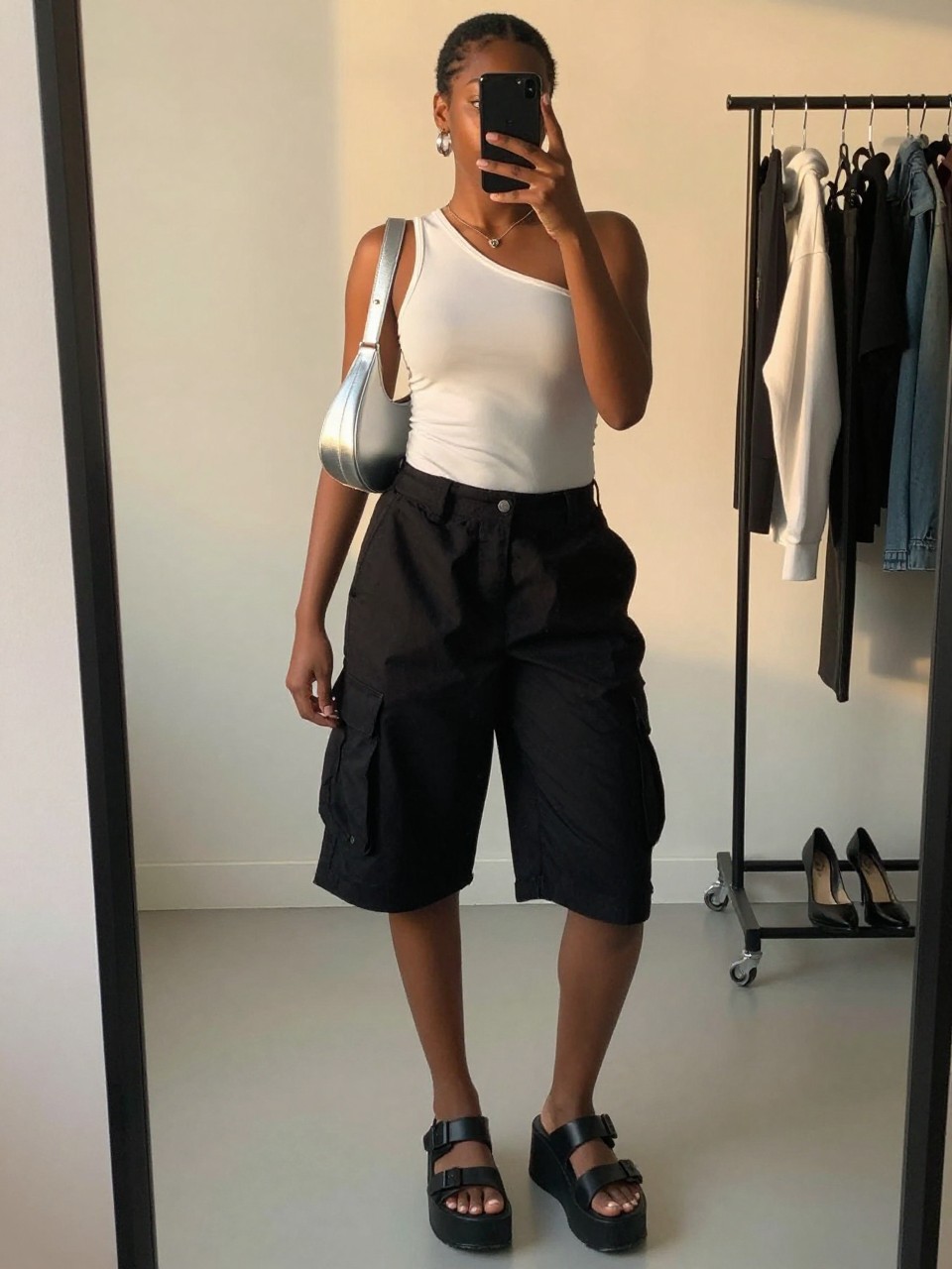 mirror selfie of a Black woman wearing black baggy cargo shorts, fitted white one-shoulder top, black platform sandals, silver crescent shoulder bag, and silver hoop earrings, clearly showing the same clothing items, colors, fabrics, and accessories listed in the Outfit Pieces section, holding a phone in front of a mirror, cropped at NECK so the face does not show, with a relaxed casual selfie pose, in a minimal dressing room, evening golden hour, including a clothing rack with garments behind and a pair of heels on the floor nearby, latest iPhone photo quality.