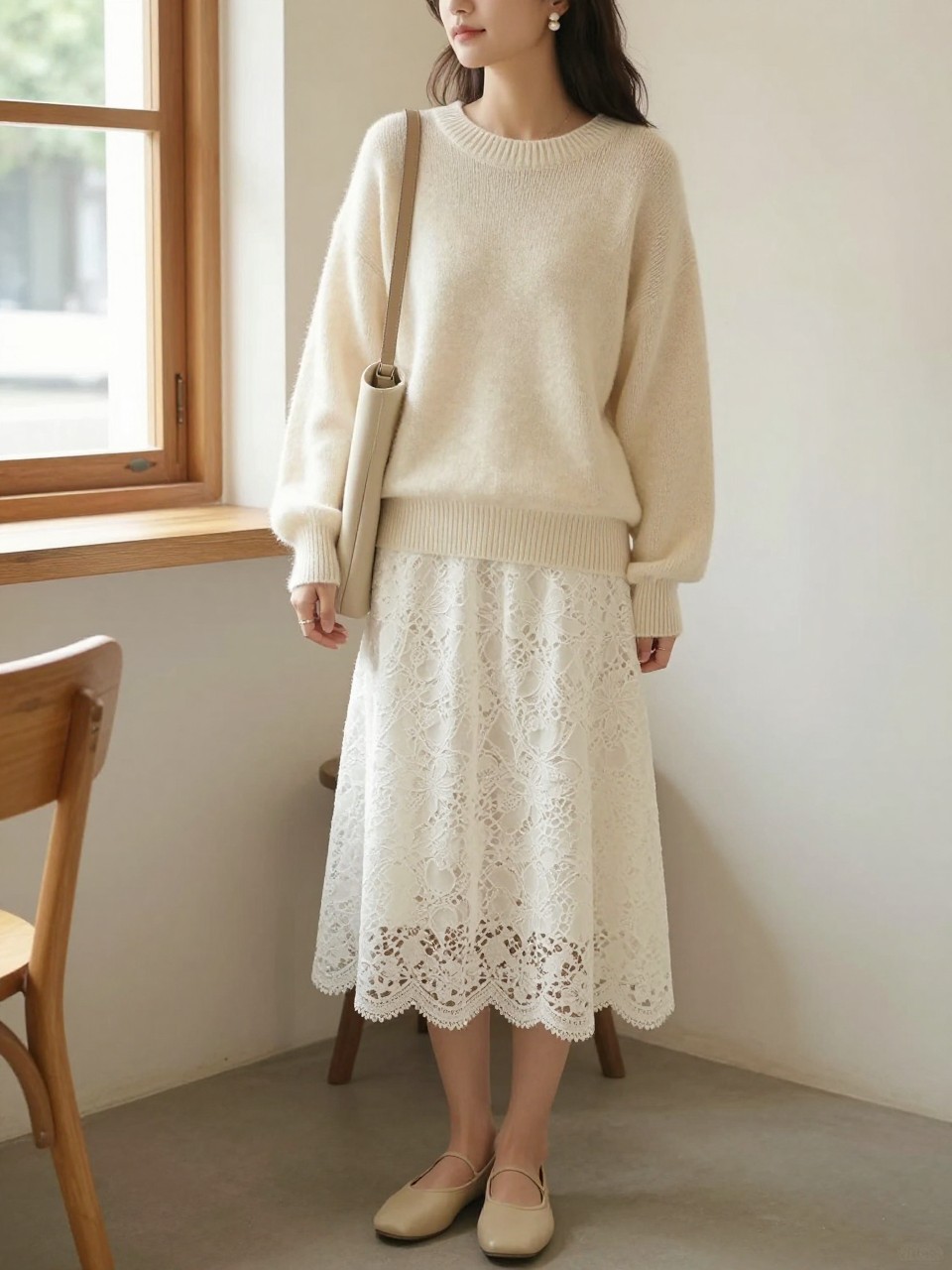 Image Prompt:
A cozy feminine outfit featuring a white lace skirt paired with a soft cream oversized knit sweater, beige ballet flats, a neutral leather shoulder bag, and delicate pearl earrings. The setting is a warm bright indoor café corner with natural window light, relaxed elegant styling, full outfit visible, realistic knit and lace textures, soft neutral color palette, no text, no watermark on images.