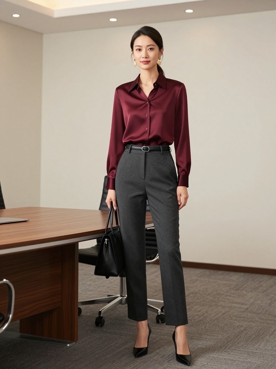 A classy old money work outfit featuring a woman wearing a burgundy silk blouse tucked into charcoal high-waisted trousers, black pointed heels, a structured black handbag, gold drop earrings, a slim black belt, and a sleek low ponytail. She is standing in a conference room with a long wooden table, cream walls, soft overhead lighting, and a professional mood. Realistic editorial fashion photo, rich autumn office color palette, polished business styling, no text, no watermark.