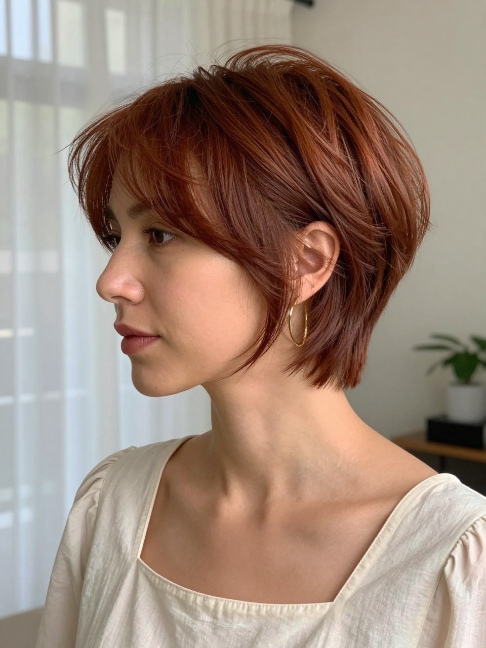A realistic portrait of a woman with medium skin wearing a soft auburn mixie pixie mullet, warm reddish-brown hair, airy layered crown, soft side fringe, lightly tapered sides, longer back pieces flipped outward at the nape, gentle volume through the top, natural movement, thin gold hoops, ivory square-neck blouse, photographed indoors near sheer curtains with soft daylight, blurred neutral room background, realistic hair strands, natural skin texture, romantic editorial hairstyle photo.