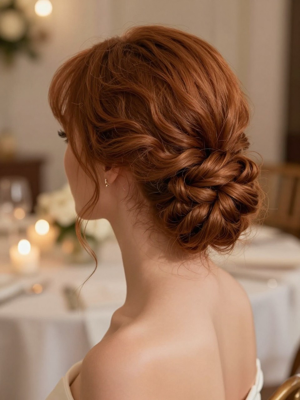 Image Prompt:
A realistic hairstyle photo of a woman with medium-length auburn hair styled into a loose knotted updo, soft folded sections creating a knot-like shape at the nape, airy texture, curled tendrils around the cheeks and neck, rose formal dress, softly lit indoor wedding reception background, warm candlelit glow, soft romantic hairstyle inspiration, high-resolution DSLR photo, no text, (no watermarks on images)