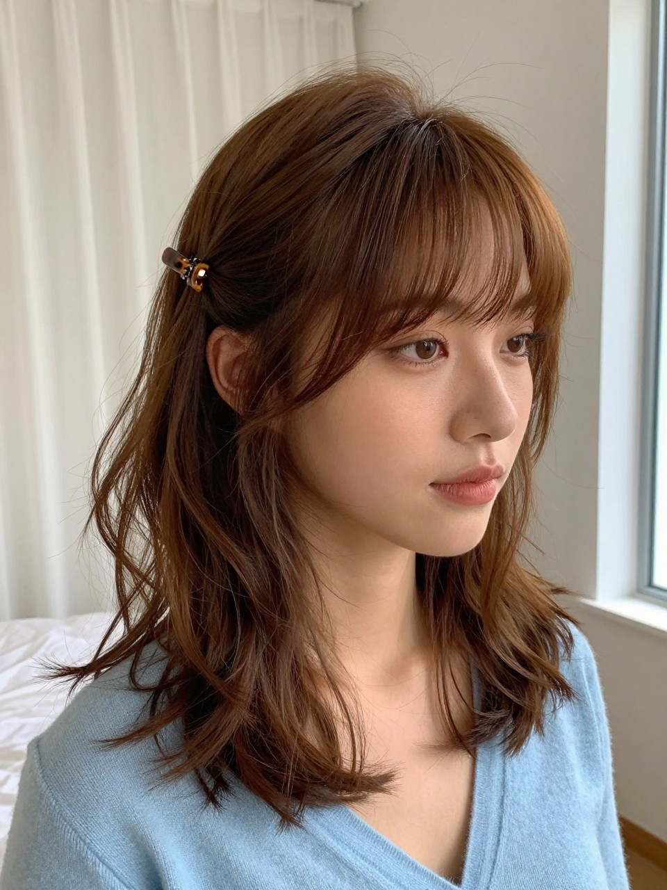 A realistic portrait of a woman with light olive skin wearing French wispy bangs with a romantic half-up hairstyle, warm chestnut brown hair, airy bangs softly separated across the forehead, long temple pieces framing the cheeks, shoulder-length loose waves, top section pulled back with a small tortoiseshell claw clip, soft volume at the crown, natural flyaways, pale blue cardigan, photographed near a bedroom window with soft white curtains, natural daylight, realistic hair texture, gentle editorial beauty photo, not overly perfect.