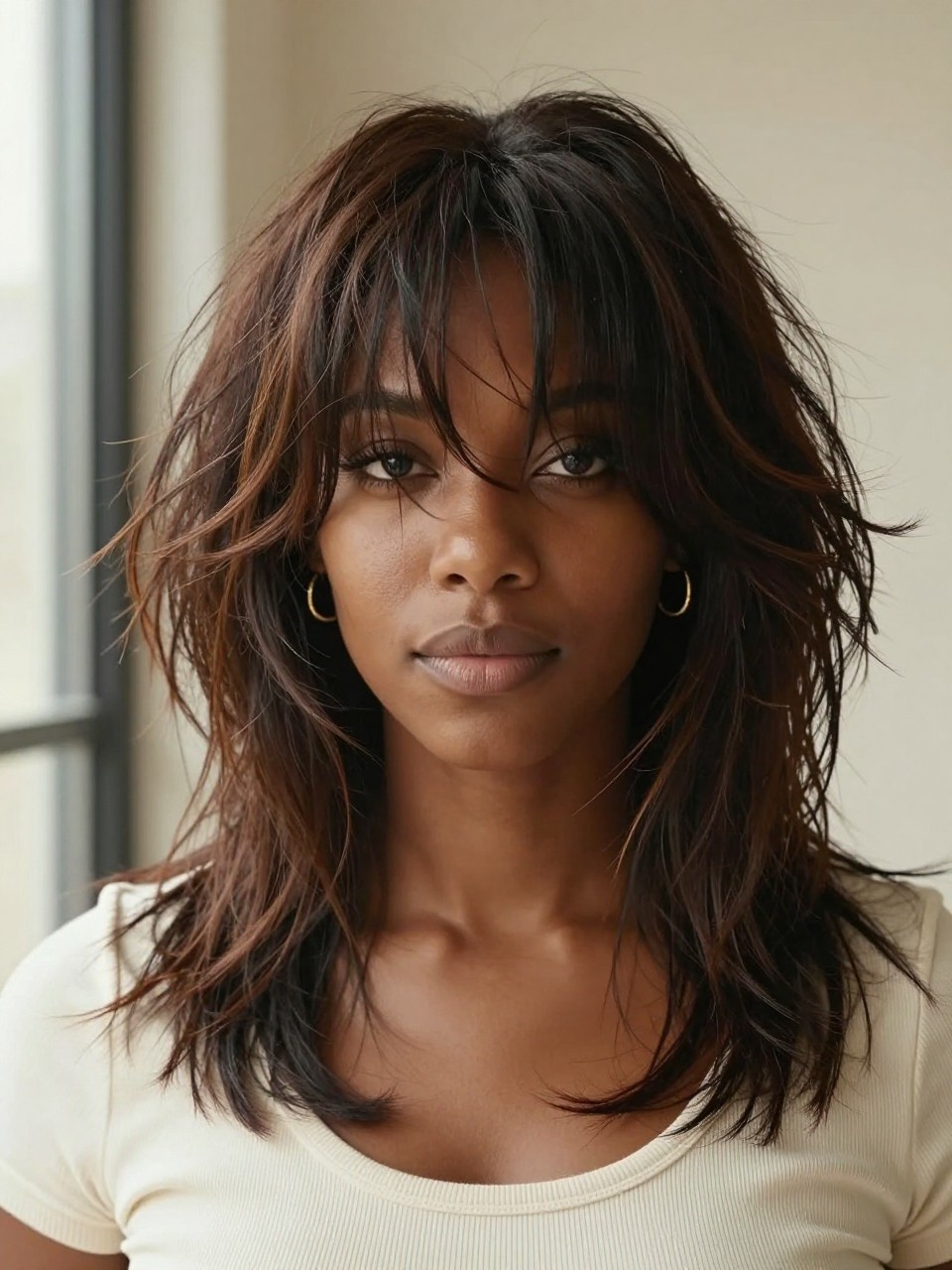 A realistic editorial portrait of a Black woman with deep brown skin wearing an airy wolf cut with messy textured fringe, dark espresso brown hair with soft bronze ribbons through the front layers, fringe falling lightly over the brows and slightly touching the lashes in separated wispy pieces, cheekbone-length side layers, shaggy volume through the crown, longer textured layers falling past the shoulders, natural root lift, loose undone waves, soft flyaways, small gold hoop earrings, cream ribbed top, photographed near a large window with warm daylight, neutral beige background, visible skin texture, realistic hair movement, DSLR-style portrait, not overly polished or plastic-looking.