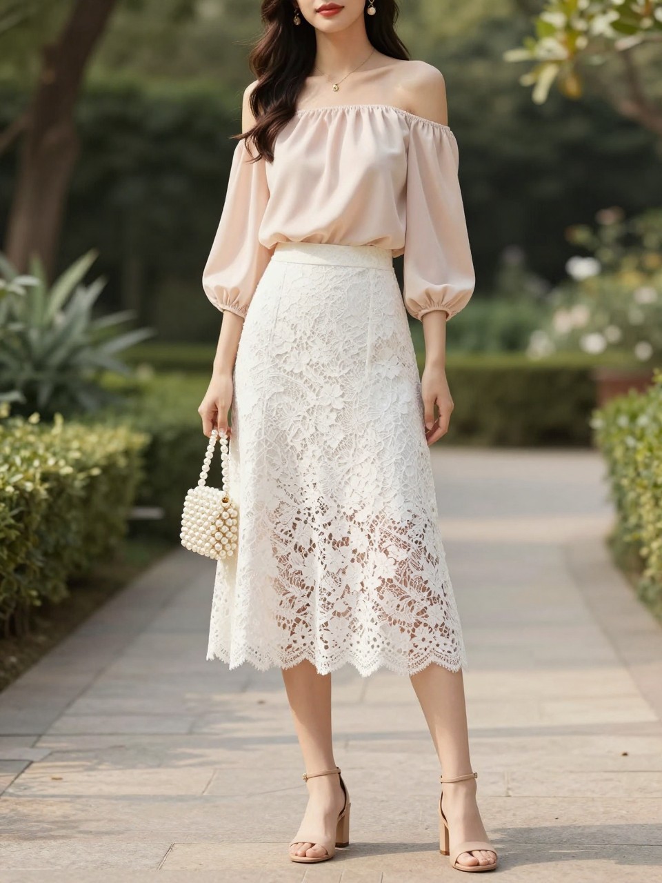 Image Prompt:
A romantic summer outfit of a woman wearing a white lace skirt with a soft blush off-shoulder blouse, nude block-heel sandals, a small pearl handbag, and dainty gold jewelry. The setting is an elegant garden path with warm afternoon light, polished feminine styling, full outfit visible, realistic lace and soft blouse texture, no text, no watermark on images.