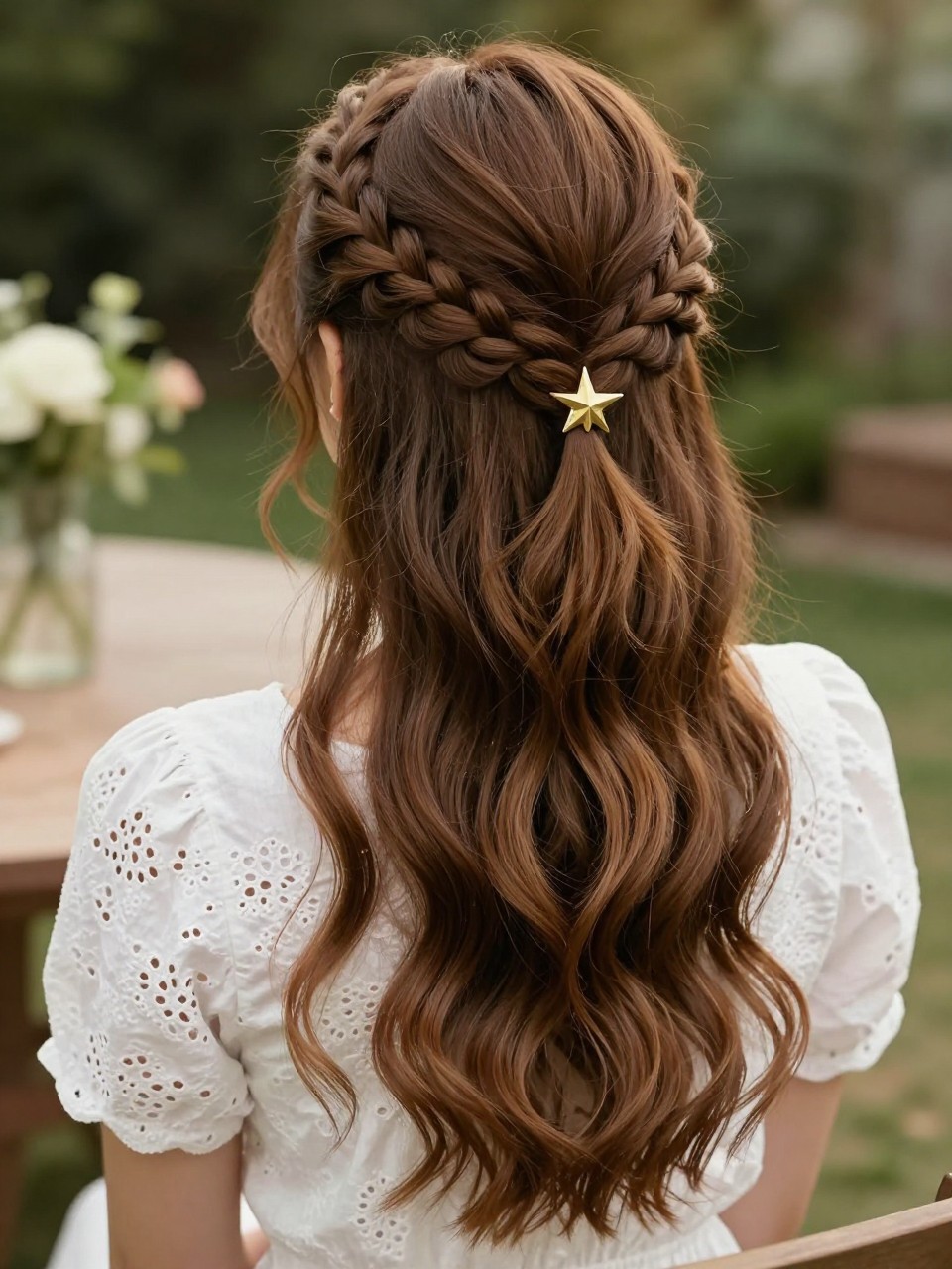 Image Prompt:
A realistic close-up back-view hairstyle photo of a woman with long caramel brown hair styled half-up with two thin side braids meeting at the back, secured with a gold star-shaped clip, loose glossy waves flowing down, white eyelet blouse, outdoor garden table background, warm natural light, romantic braided hairstyle inspiration, high-resolution DSLR photography, no text, (no watermarks on images)