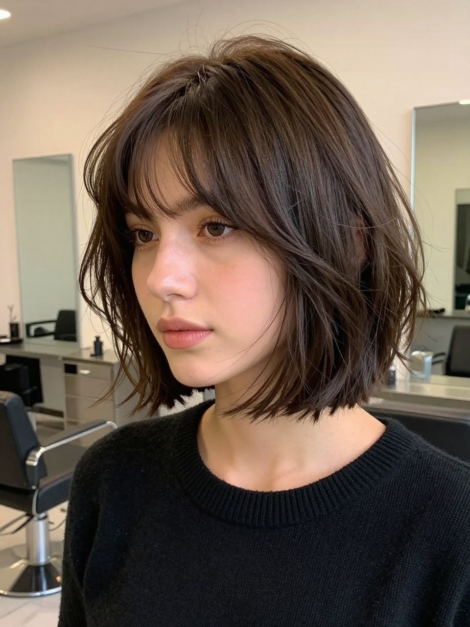 A realistic portrait of a woman with fair skin wearing a soft shag bob with French wispy bangs, dark mushroom brown hair, airy fringe with uneven feathered tips, cheekbone-length side layers, textured bob ending just below the chin, slightly tousled waves, matte lived-in finish, natural flyaways, simple black knit top, silver ear cuff, photographed in a modern salon with blurred mirrors and warm daylight, realistic hair strands, natural makeup, editorial but casual beauty photo.