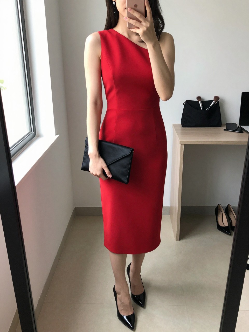 mirror selfie of a woman wearing a scarlet red one-shoulder crepe midi cocktail dress, black patent pointed-toe pumps, slim black crystal earrings, a black satin envelope clutch, and side-parted waves with soft red lipstick, clearly showing the same clothing items, colors, fabrics, and accessories listed in the Outfit Pieces section, holding a phone in front of a mirror, cropped at NECK so the face does not show, with a relaxed casual selfie pose, in a minimal dressing room, natural window light, including a makeup brush or cosmetic bag on the counter and pair of heels on the floor nearby, latest iPhone photo quality.