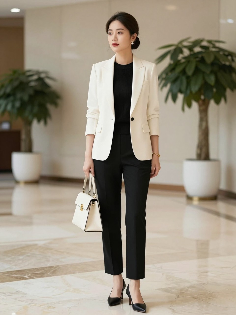 A polished old money work outfit showing a woman wearing an ivory tailored blazer over a black sleeveless knit top, black straight-leg trousers, black slingback heels, a structured ivory handbag, pearl earrings, a slim gold bracelet, and a sleek low bun. She is standing in a bright office lobby with marble floors, cream walls, indoor greenery, and soft natural light. Realistic DSLR fashion editorial photo, elegant black and ivory work outfit, no text, no watermark.