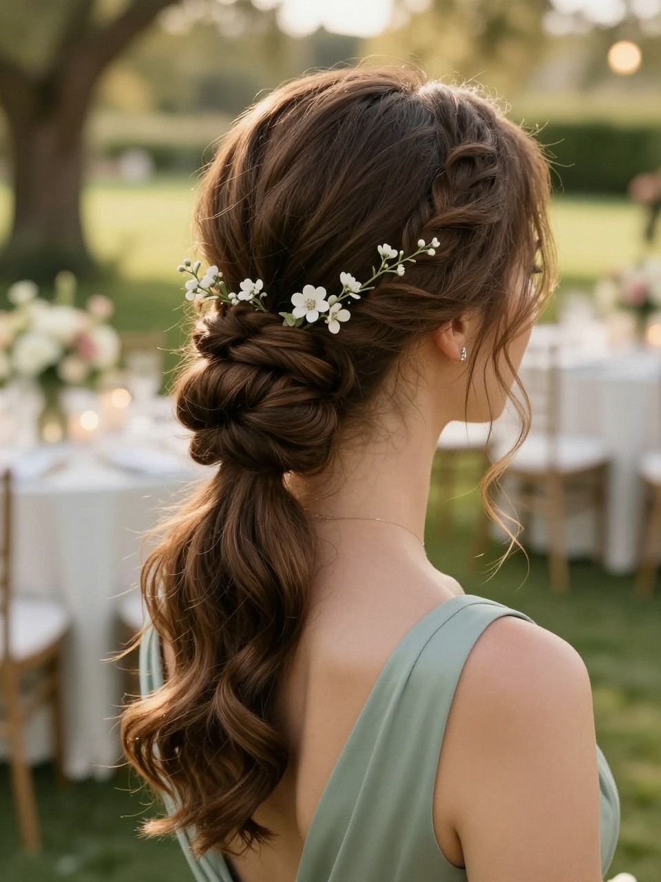 Image Prompt:
A realistic romantic hairstyle photo of a woman with long soft brown hair styled into a low wedding guest bun, loose soft texture, small delicate floral pins clustered above the bun, face-framing tendrils, sage green formal dress, garden wedding reception background with flowers and candles, golden hour light, feminine wedding hairstyle inspiration, high-resolution DSLR photo, no text, (no watermarks on images)