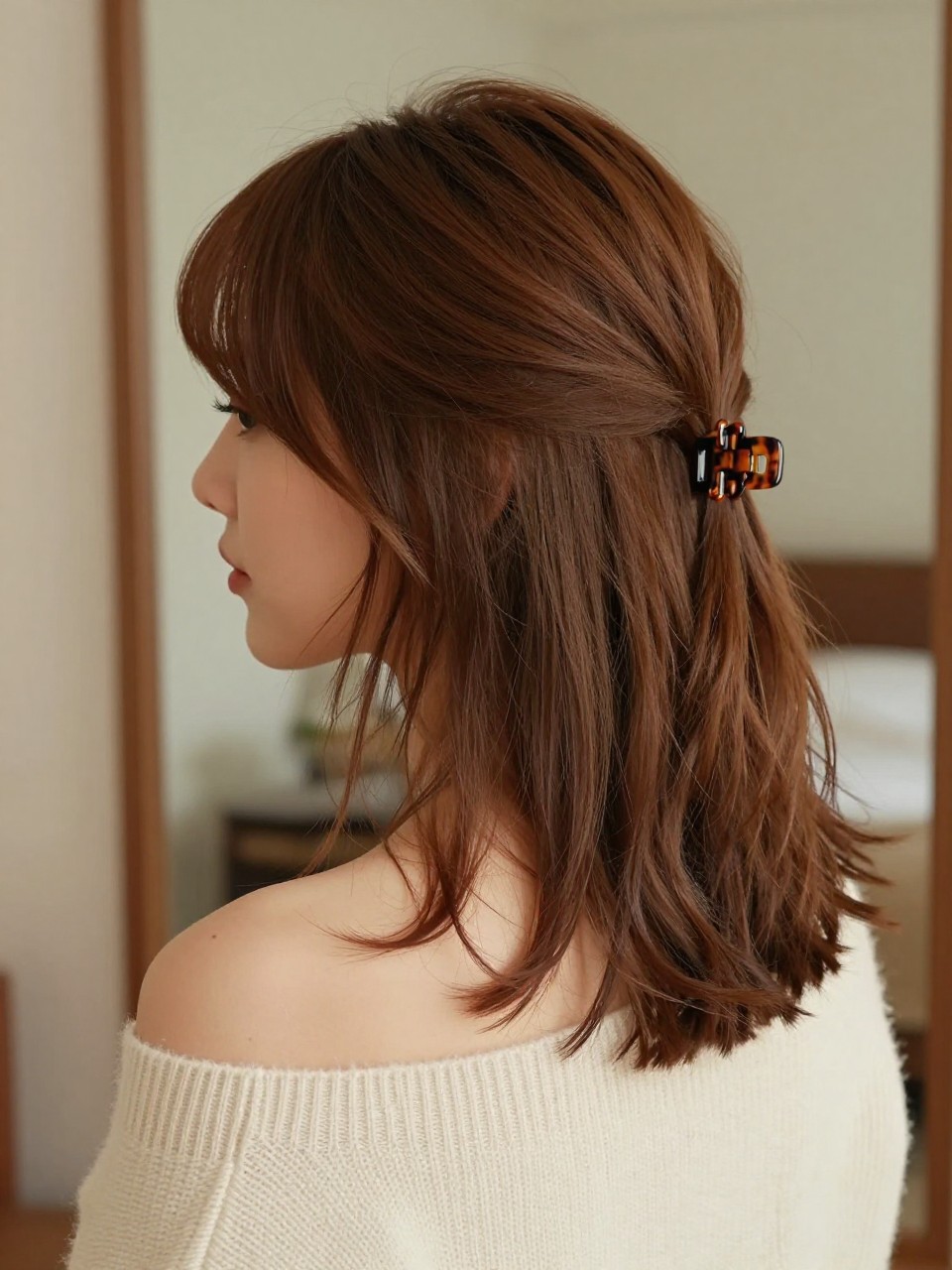 Image Prompt:
A realistic beauty photo of a woman with medium-length chestnut brown layered hair and curtain bangs styled into a loose flat claw clip twist, bangs softly parted and framing the face, flat tortoiseshell clip securing the back section, soft bends through the ends, cream off-shoulder sweater, warm bedroom mirror setting, natural light, feminine trendy hairstyle inspiration, high-resolution DSLR photo, no text, (no watermarks on images)