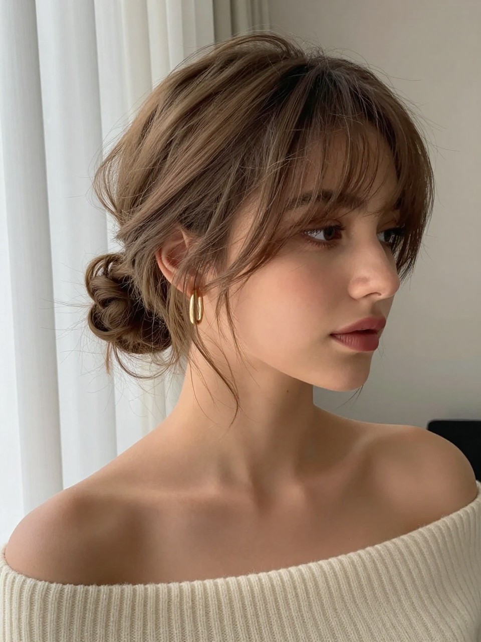 A realistic beauty portrait of a woman with light-medium skin wearing French wispy bangs with a messy low bun, soft beige brunette hair, airy fringe falling lightly over the brows, loose temple pieces framing the face, hair gathered into a relaxed low bun at the nape with soft loose strands, natural root texture, slightly undone finish, gold huggie earrings, cream off-shoulder sweater, photographed indoors beside sheer curtains with soft daylight, neutral room background, realistic flyaways, natural skin texture, romantic editorial style.
