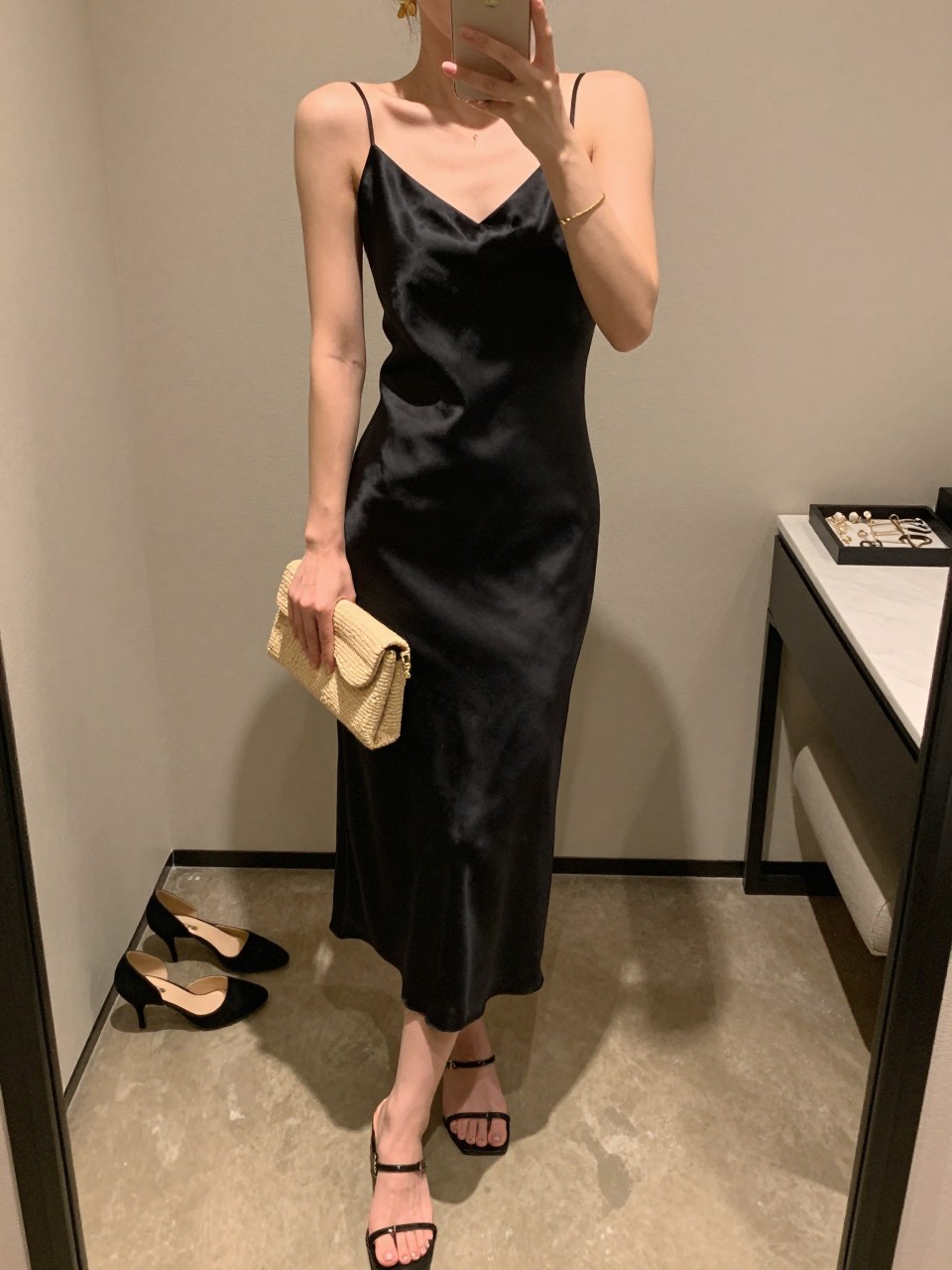 Outfit Image Prompt:
mirror selfie of a woman wearing a black satin midi slip dress, black flat strappy sandals, a small raffia clutch, gold drop earrings, and a delicate gold bracelet, holding a phone in front of a mirror, cropped at NECK so the face does not show, relaxed casual selfie pose, in a minimal dressing room, warm moody lighting, with a pair of heels on the floor nearby and a jewelry tray on the vanity, realistic latest iPhone photo quality, soft evening outfit styling.