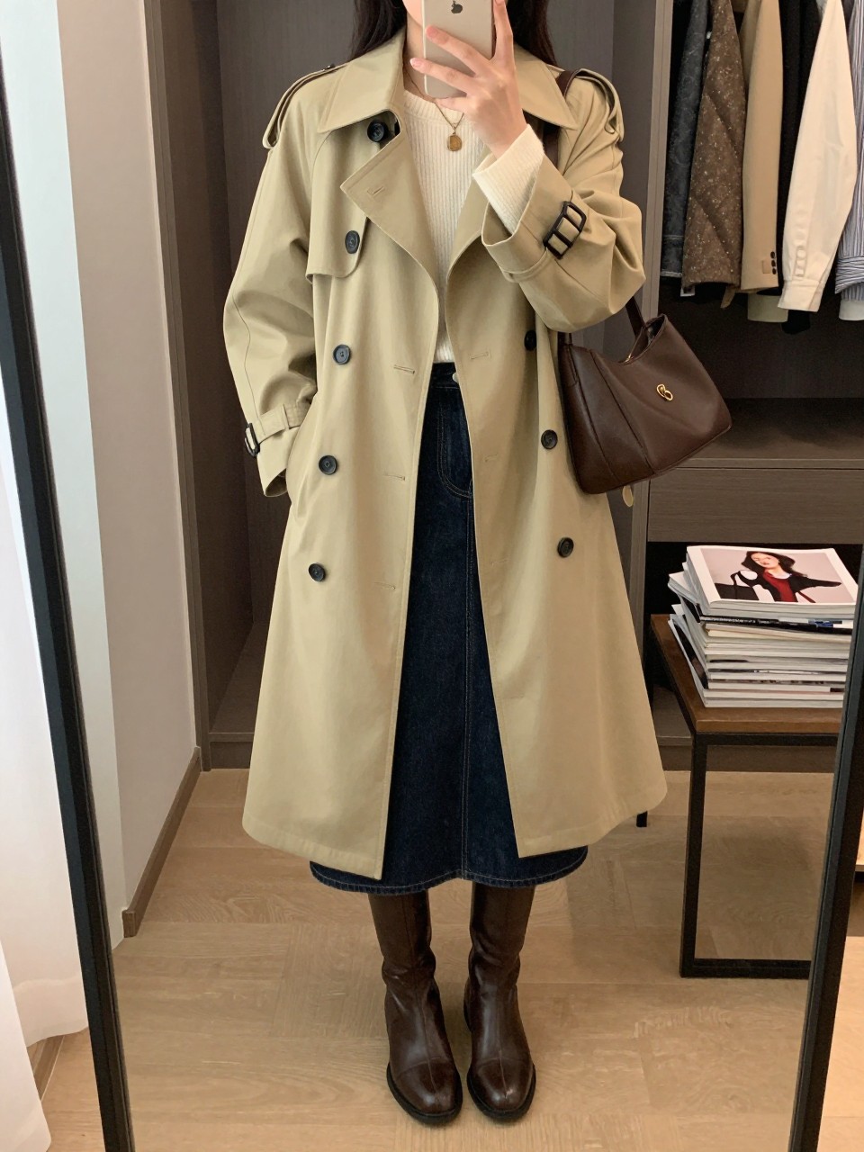 Outfit Image Prompt:
mirror selfie of a woman wearing a beige water-resistant trench coat, cream long-sleeve knit top, dark denim midi skirt, brown leather knee-high boots, and a chocolate brown shoulder bag, holding a phone in front of a mirror, cropped at NECK so the face does not show, relaxed casual selfie pose, in a walk-in closet mirror with soft indoor lighting, including an open closet with clothes visible and a stack of fashion magazines on a side table, natural skin texture, realistic latest iPhone photo quality.