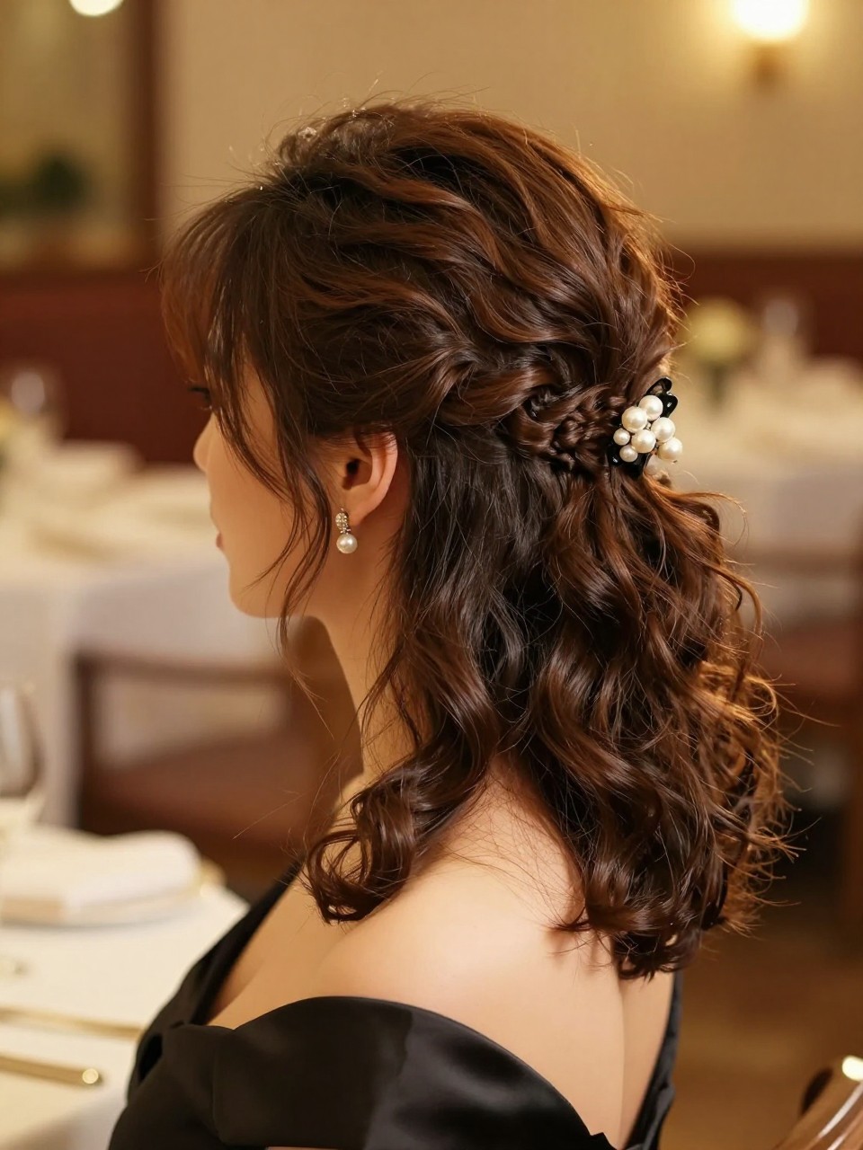 Image Prompt:
A realistic romantic hairstyle photo of a woman with medium-long dark brown hair styled into a messy evening claw clip updo, soft curls loosely gathered and secured with a pearl claw clip, face-framing tendrils, airy crown volume, black satin dress, delicate earrings, softly lit restaurant background, warm golden lighting, elegant feminine hairstyle inspiration, high-resolution DSLR photo, no text, (no watermarks on images)