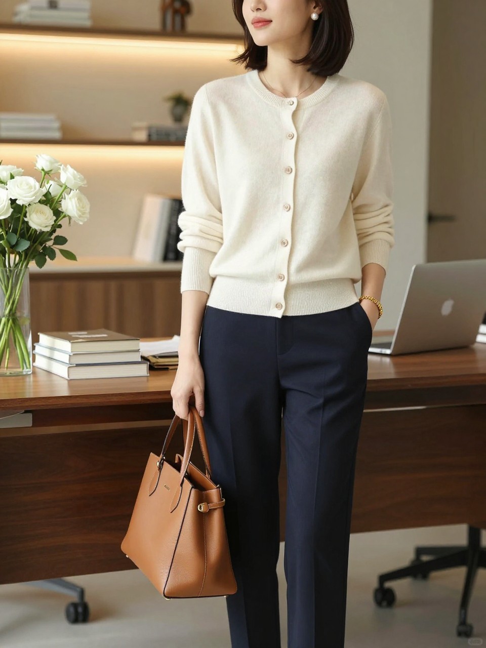 A soft old money work outfit featuring a woman wearing a cream button-front cashmere cardigan as a top, navy straight-leg tailored trousers, brown leather slingback flats, a tan structured tote, pearl stud earrings, a gold bracelet, and a neat side-parted bob. She is standing near a desk with fresh white flowers, books, a laptop, and warm office light. Realistic editorial workwear photo, classy cardigan office outfit, soft quiet luxury styling, no text, no watermark.