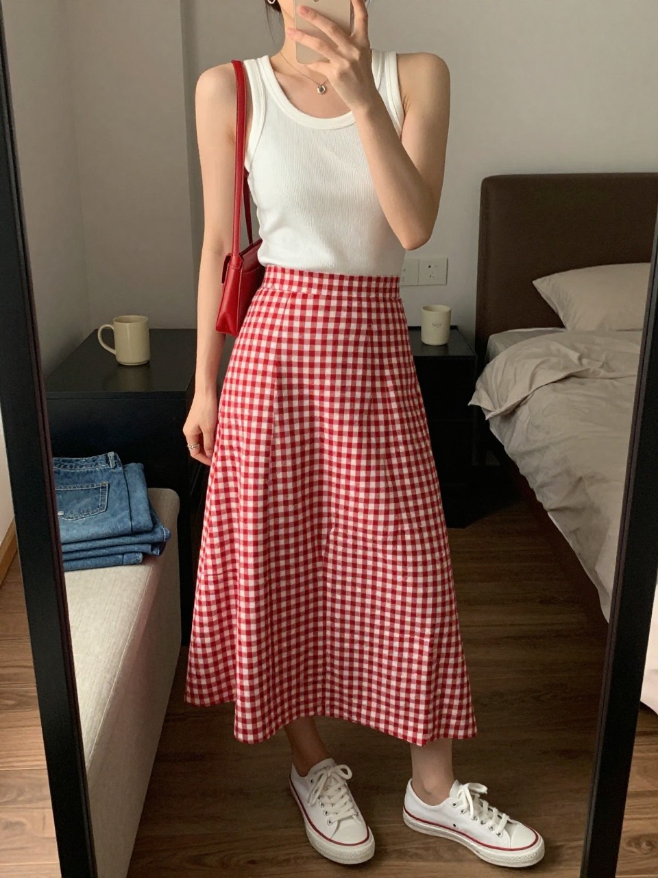 Image Prompt:
mirror selfie of a woman wearing a fitted white ribbed tank top, red gingham midi skirt with a soft A-line shape, white canvas sneakers, a small red shoulder bag, and tiny silver hoop earrings, clearly showing the same clothing items, colors, fabrics, and accessories listed in the Outfit Pieces section, holding a phone in front of a mirror, cropped at NECK so the face does not show, with a relaxed casual selfie pose, in a cozy bedroom mirror setup, warm moody lighting, with a coffee mug on a bedside table and folded denim jeans on a bench, natural casual mirror selfie, not staged, latest iPhone photo quality.