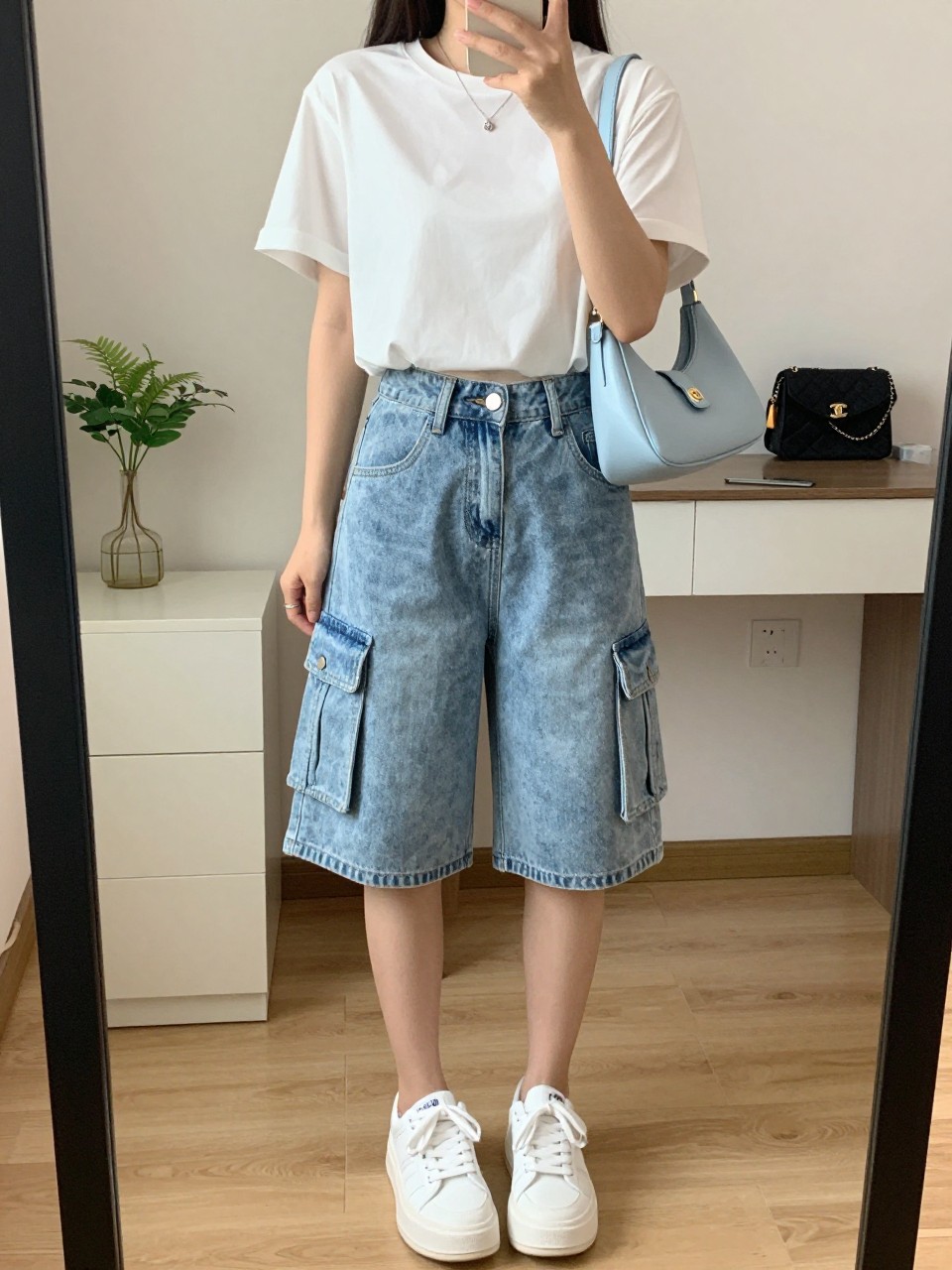 mirror selfie of a woman wearing light blue denim baggy cargo shorts, cropped white cotton t-shirt, white platform sneakers, pale blue mini shoulder bag, and delicate silver necklace, clearly showing the same clothing items, colors, fabrics, and accessories listed in the Outfit Pieces section, holding a phone in front of a mirror, cropped at NECK so the face does not show, with a relaxed casual selfie pose, in a feminine-themed bedroom, soft indoor lighting, including a small plant on a dresser and a cosmetic bag on the counter, latest iPhone photo quality.
