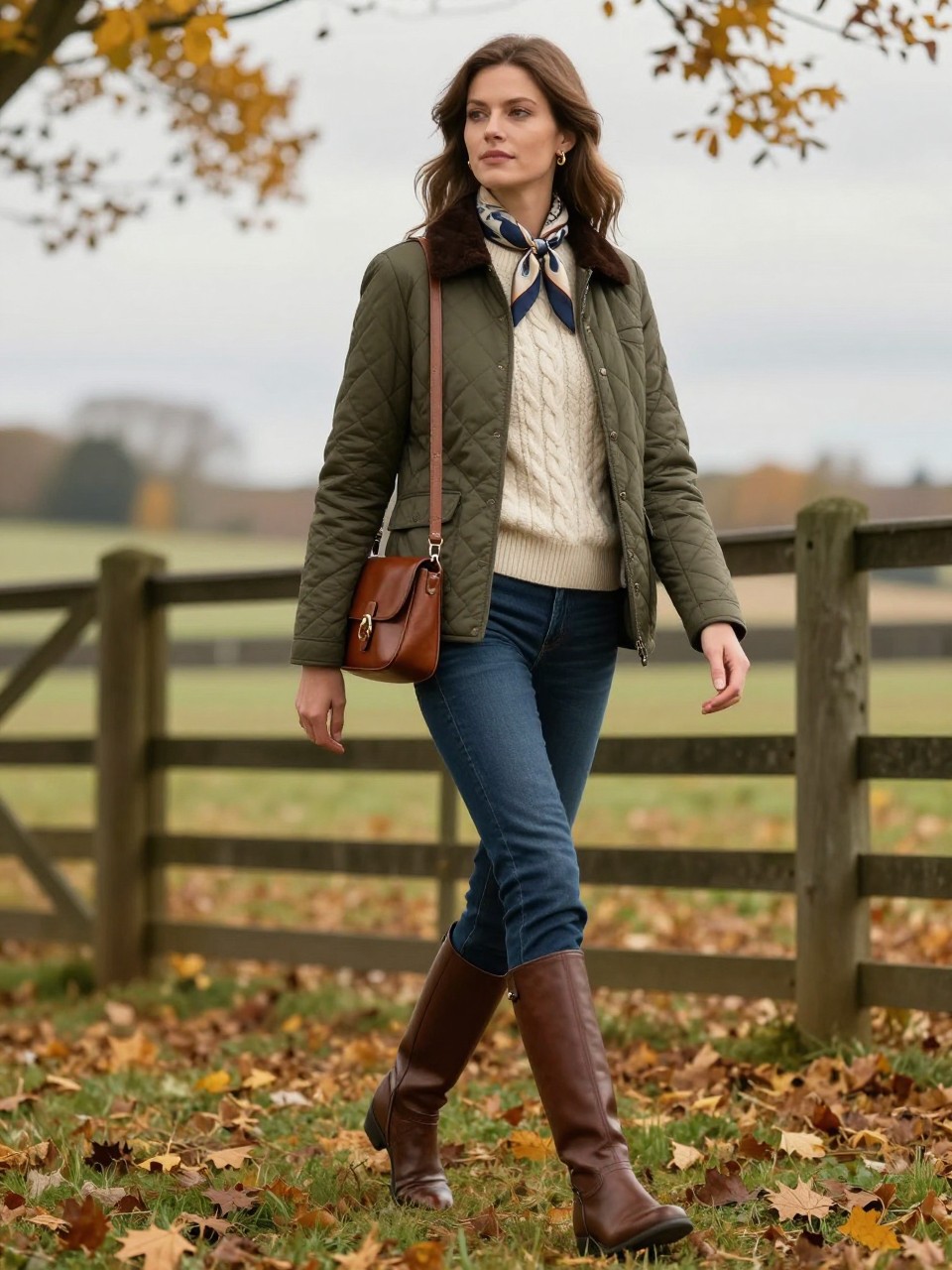 Image Prompt:
A countryside old money autumn outfit showing a woman wearing an olive green quilted jacket over a cream cable-knit sweater, slim dark blue jeans, brown leather riding boots, a brown leather crossbody bag, small gold earrings, and a silk scarf tied around her neck. She is walking near a countryside fence with golden leaves, soft cloudy daylight, and a refined equestrian-inspired mood. Realistic editorial lifestyle fashion photo, classic fall countryside styling, no text, no watermark.