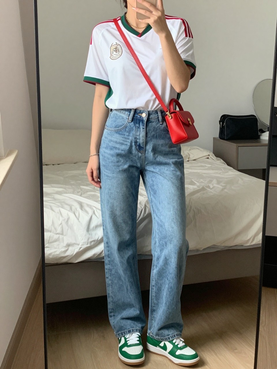 mirror selfie of a woman wearing a white Mexico soccer jersey, light blue straight-leg jeans, green and white sneakers, red mini crossbody bag, and slim gold chain necklace, clearly showing the same clothing items, colors, fabrics, and accessories listed in the Outfit Pieces section, holding a phone in front of a mirror, cropped at NECK so the face does not show, with a relaxed casual selfie pose, in a cozy bedroom mirror setup, soft indoor lighting, including soft pillows on an unmade bed and a cosmetic bag on the counter, latest iPhone photo quality.