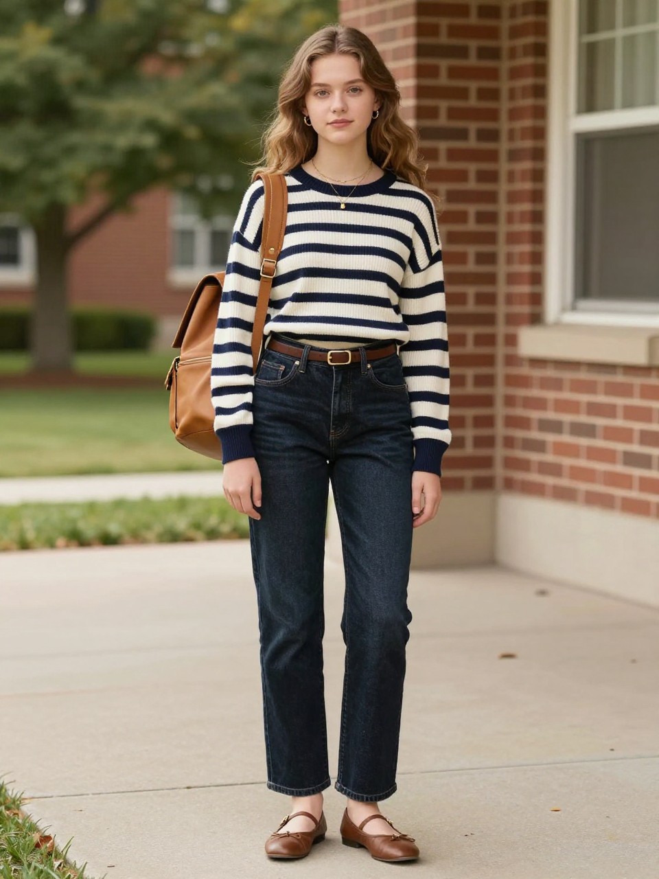 Image Prompt:
A casual old money school outfit featuring a teen girl wearing a navy and cream striped long-sleeve knit top tucked into dark straight-leg jeans, brown ballet flats, a slim brown belt, a tan leather-look backpack, delicate gold jewelry, and soft natural waves. She is standing outside a school building with brick walls, green trees, and soft daylight. Realistic editorial school fashion photo, polished casual student outfit, full-body view, no text, no watermark.