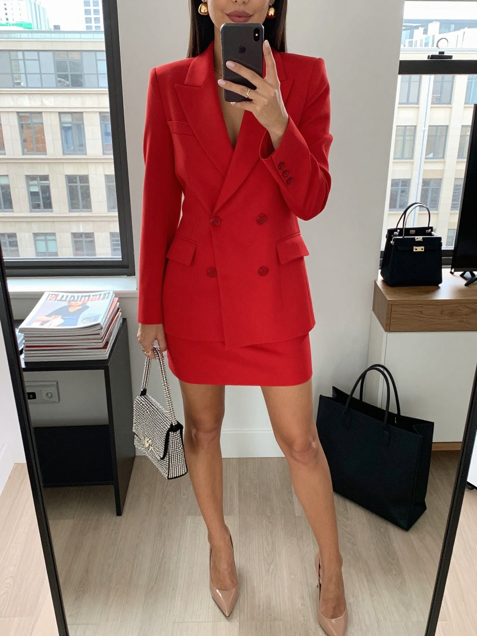 mirror selfie of a woman wearing a tomato red tailored blazer mini cocktail dress, nude pointed-toe pumps, gold dome earrings, a crystal mesh mini bag, and sleek straight hair with defined eyeliner, clearly showing the same clothing items, colors, fabrics, and accessories listed in the Outfit Pieces section, holding a phone in front of a mirror, cropped at NECK so the face does not show, with a relaxed casual selfie pose, in a stylish city apartment, natural window light, including stack of fashion magazines on a side table and tote bag resting on the floor, latest iPhone photo quality.