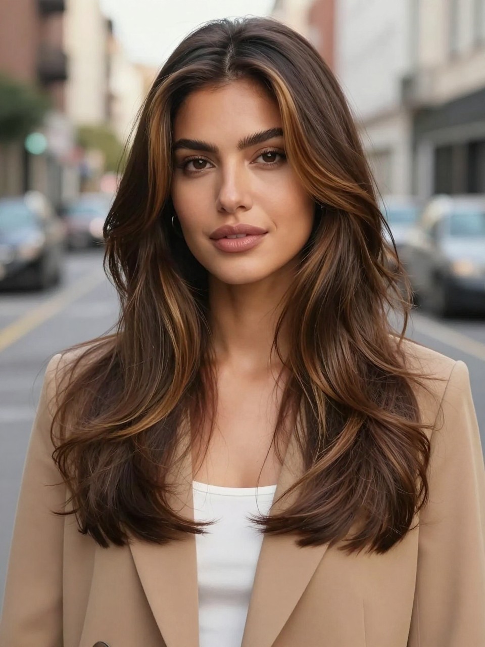 A realistic portrait of a woman with light-medium skin and long layered brunette hair, dark mocha brown base, caramel halo color around the hairline, cheekbone layers, and soft underlayer near the shoulders, warm caramel pieces blended with soft root shadow, loose blowout waves, side part, tan blazer over white top, city street background, late-afternoon daylight, realistic texture, natural flyaways, polished editorial photo.