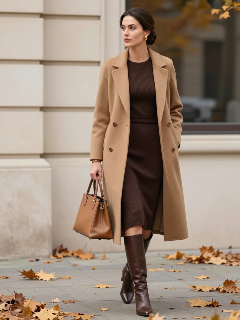 A classy old money work outfit showing a woman wearing a chocolate brown fitted knit midi dress under a long camel wool coat, brown leather knee-high boots, a structured tan handbag, gold earrings, a slim bracelet, and a neat low bun. She is walking outside an office building on a crisp autumn morning with fallen leaves, cream stone walls, and soft cloudy light. Realistic DSLR editorial fashion photo, polished autumn office outfit, rich brown and camel palette, no text, no watermark.