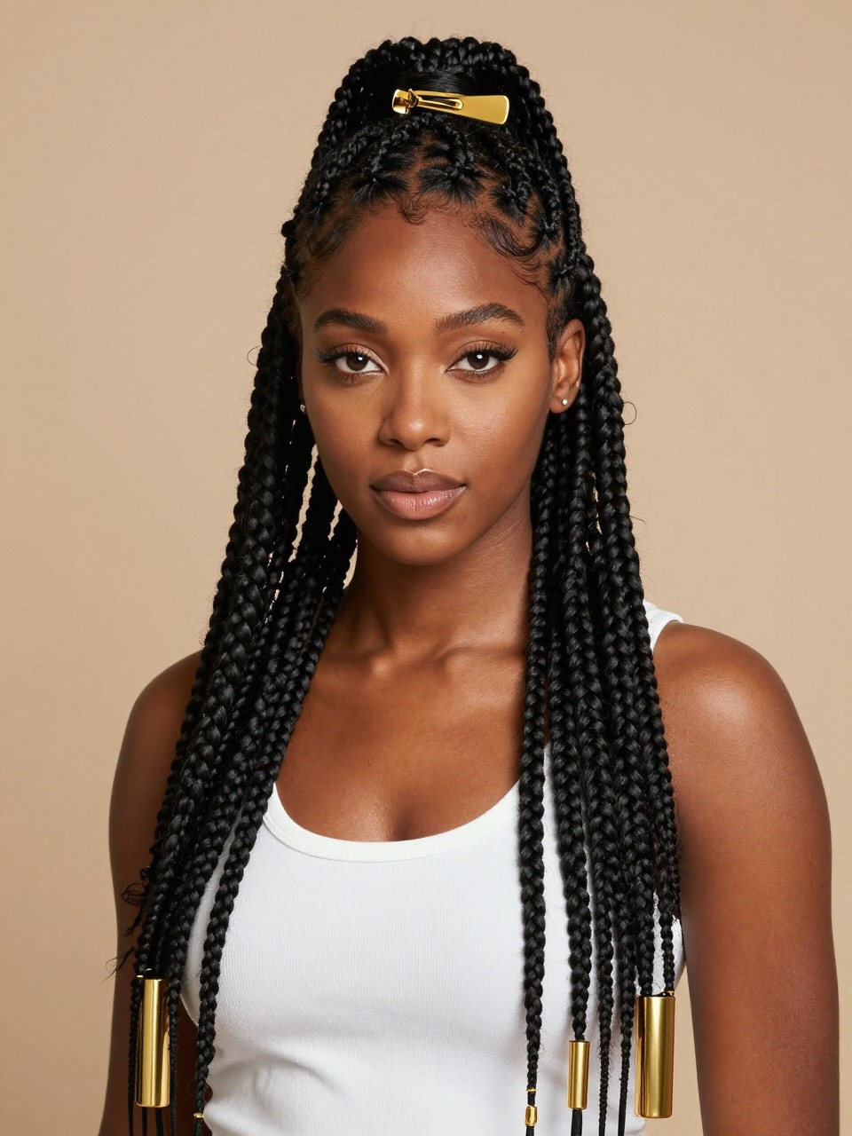 Image Prompt:
A realistic editorial portrait of a black woman with long knotless box braids styled half-up with a wide gold French clip, top braids gathered neatly at the crown, lower braids flowing over the shoulders, a few front braids left loose, gold braid cuffs, white tank top, warm studio light, modern protective hairstyle inspiration, high-resolution DSLR photo, no text, (no watermarks on images)