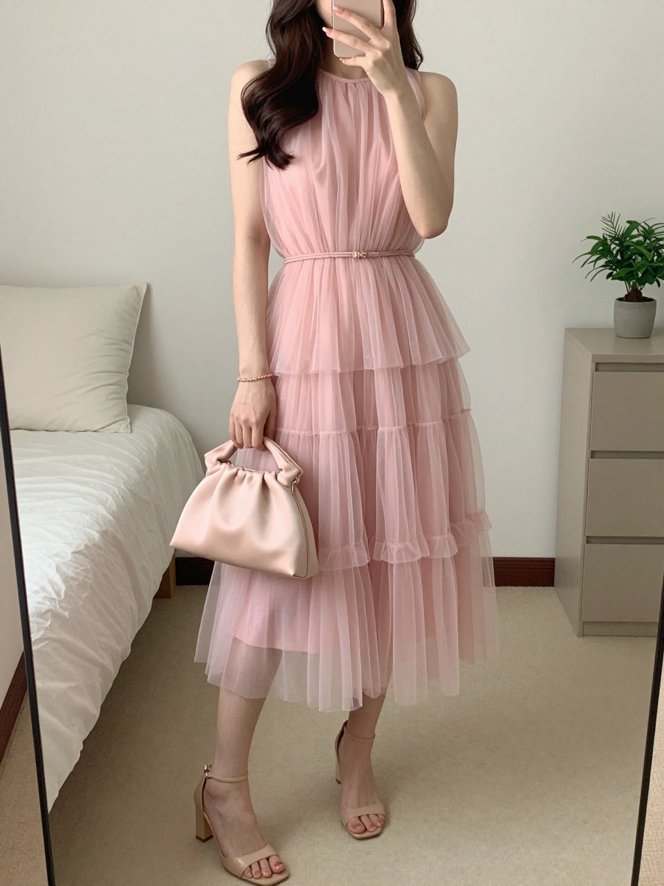 Image Prompt

mirror selfie of a woman wearing a pastel pink layered tulle midi dress, nude heeled sandals, dainty rose gold bracelet, blush satin pouch bag, and loose curls with peachy pink makeup, clearly showing the same clothing items, colors, fabrics, and accessories listed in the Outfit Pieces section, holding a phone in front of a mirror, cropped at NECK so the face does not show, with a relaxed casual selfie pose, in a minimal dressing room, soft indoor lighting, including soft pillows on an unmade bed and a small plant on a dresser, latest iPhone photo quality.