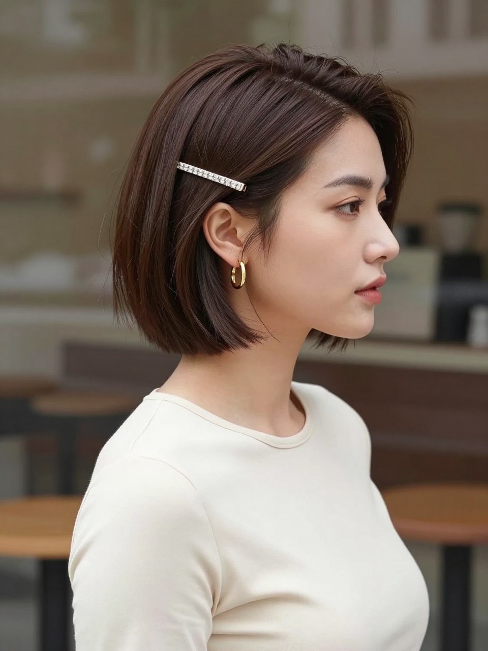 Image Prompt:
A realistic fashion beauty photo of a woman with a short glossy dark brown bob styled with a deep side part, one side swept back and secured with a slim crystal barrette clip above the ear, smooth shiny finish, fitted ivory blouse, small gold hoops, modern cafe background, soft daylight, chic short hairstyle inspiration, high-resolution DSLR photography, no text, (no watermarks on images)