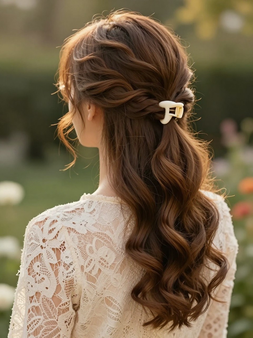 Image Prompt:
A realistic romantic hairstyle photo of a woman with long warm brown hair styled into a loose ribbon-like twist, hair softly folded and secured with a long ivory French clip placed through the center, loose curled tendrils around the cheeks, cream lace blouse, softly blurred garden background, golden hour light, elegant creative hairstyle inspiration, high-resolution DSLR photography, no text, (no watermarks on images)