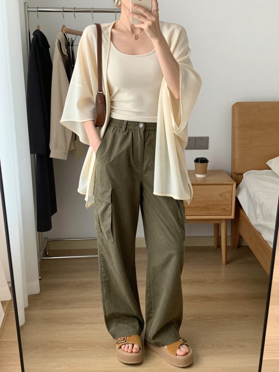 mirror selfie of a woman wearing a cream sheer poncho layered over a cream fitted tank top, olive relaxed cargo pants, tan platform sandals, brown mini shoulder bag, and chunky gold hoop earrings, clearly showing the same clothing items, colors, fabrics, and accessories listed in the Outfit Pieces section, holding a phone in front of a mirror, cropped at NECK so the face does not show, with a relaxed casual selfie pose, in a fashion studio mirror corner, natural window light, including a clothing rack with garments behind and a coffee mug on a bedside table, latest iPhone photo quality.