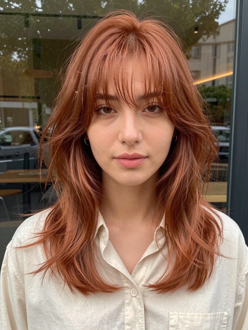 A realistic beauty portrait of a woman with light olive skin wearing copper collarbone-length layered hair with shattered messy fringe, warm copper hair with cinnamon brown roots, fringe cut in separated uneven pieces that graze the brows, longer temple strands curving into the cheekbones, soft collarbone layers, loose brushed waves, lightly flipped ends, natural shine, cream button-down shirt, small gold huggie earrings, photographed near a cafe window with blurred green plants in the background, soft daylight, realistic strand detail, natural texture, modern editorial hairstyle image.