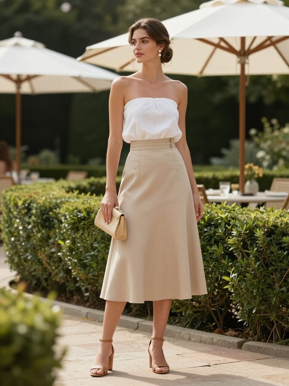 Image Prompt:
A feminine old money summer outfit on a woman wearing a white strapless linen top with a beige high-waisted A-line midi skirt, tan heeled sandals, a small woven clutch, pearl earrings, and a soft updo. She is standing in a garden party setting with white umbrellas, trimmed hedges, and soft afternoon sunlight. Realistic fashion editorial image, elegant summer styling, quiet luxury mood, no text, no watermark.