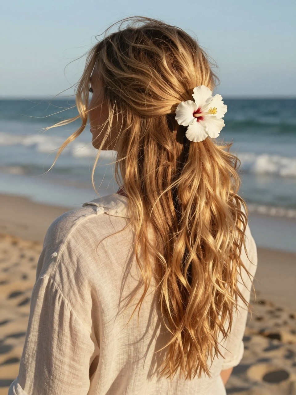 Image Prompt:
A realistic outdoor beach photo of a woman with long sun-kissed blonde waves styled into a relaxed claw clip twist, hair loosely gathered with a white hibiscus-style flower claw clip, soft salty waves, face-framing strands moving in the breeze, linen shirt over a swimsuit, sandy beach and blue ocean background, golden hour lighting, vacation hairstyle inspiration, DSLR photo, no text, (no watermarks on images)