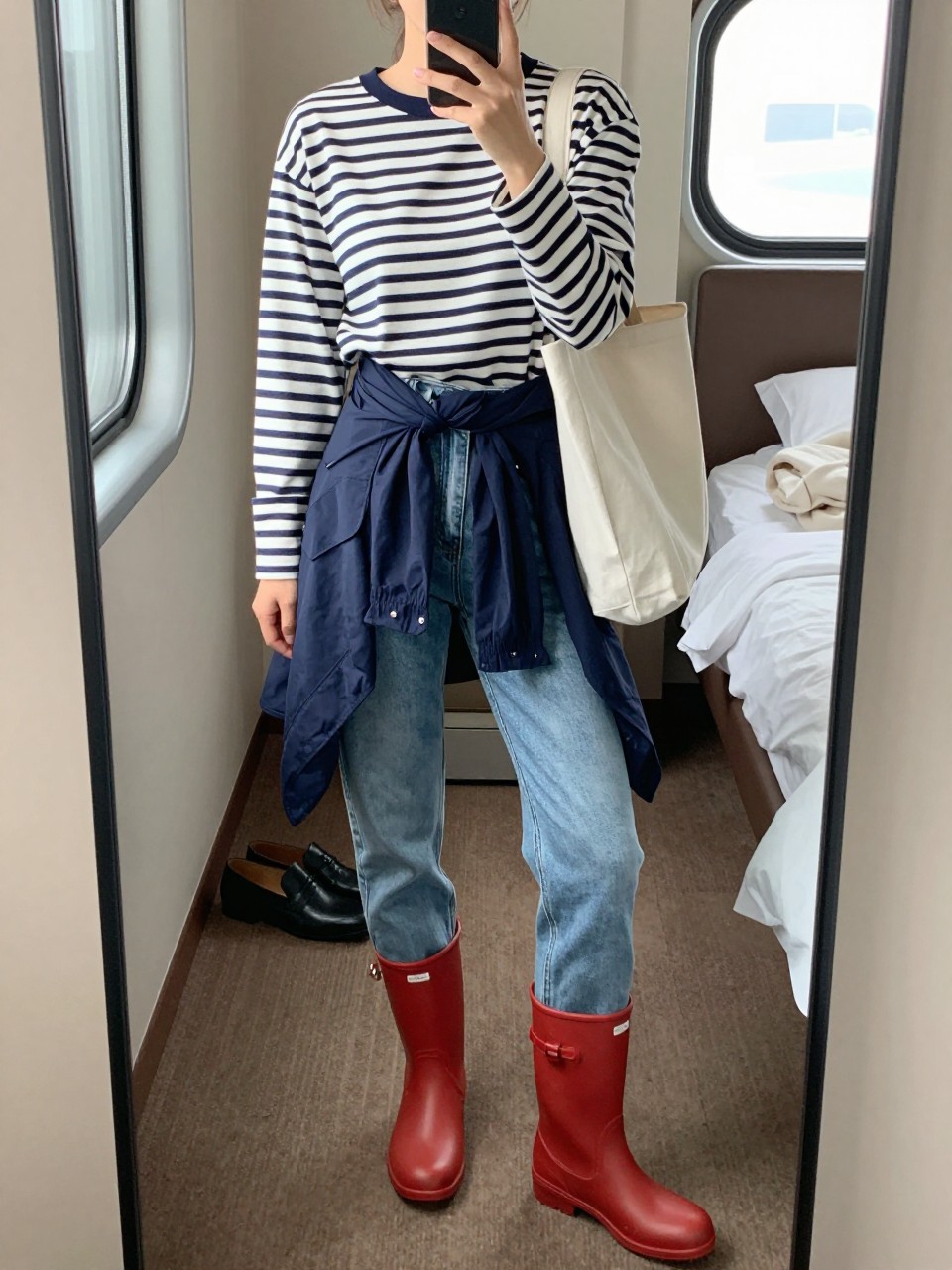 Outfit Image Prompt:
mirror selfie of a woman wearing a navy and white striped Breton long-sleeve top, light-wash straight-leg jeans, red short rain boots, a navy waterproof jacket tied around the waist, and a white canvas tote bag, holding a phone in front of a mirror, cropped at NECK so the face does not show, relaxed casual selfie pose, in a cozy cruise cabin mirror setup with natural window light, including a pair of shoes on the floor nearby and folded blanket on a chair, realistic latest iPhone photo quality, natural and not overly posed.