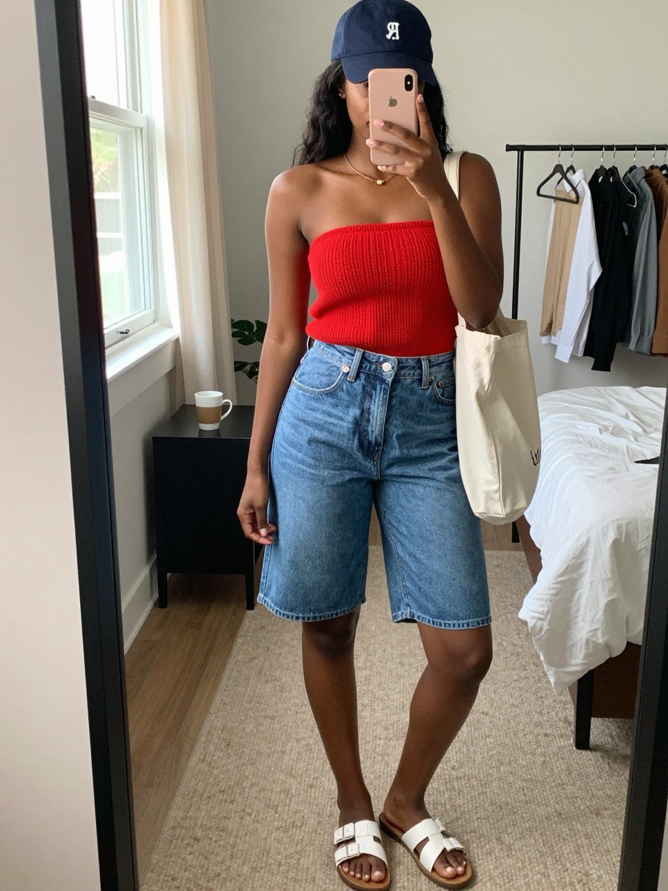 Outfit Image Prompt:
mirror selfie of a Black woman with deep brown skin wearing a red knit tube top, medium-wash denim Bermuda shorts, white leather slides, a navy baseball cap, and a white canvas tote bag, clearly showing the exact clothing items and accessories listed, holding a phone in front of a mirror, cropped at NECK so the face does not show, relaxed casual selfie pose, in a cozy bedroom mirror setup, natural window light, with a coffee mug on a bedside table and a clothing rack with garments behind, realistic latest iPhone photo quality, natural skin texture.