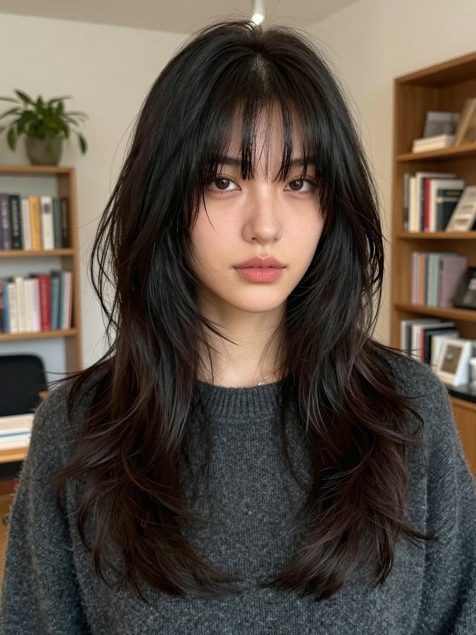A realistic portrait of a woman with fair skin wearing long dark layered hair with grunge feather fringe, soft black-brown hair, fringe cut in feathered uneven pieces that fall around the brows and slightly separate in the middle, long face-framing layers, tousled waves through the lengths, matte texture, subtle flyaways, dark gray oversized sweater, thin silver necklace, photographed in a cozy apartment with blurred bookshelves and warm daylight, realistic skin texture, natural hair movement, relaxed editorial beauty image.