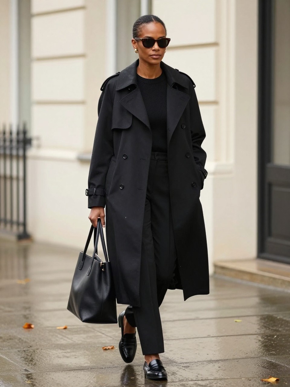 Image Prompt:
A polished old money outfit featuring a Black woman wearing a long black trench coat over a black fitted knit top and black straight-leg trousers, black leather loafers, a structured black tote bag, gold earrings, a slim watch, and dark sunglasses. She is walking on a rainy city sidewalk with cream buildings, wet pavement, fallen leaves, and soft overcast light. Realistic DSLR editorial street style photo, elegant all-black rainy day outfit, no text, no watermark.