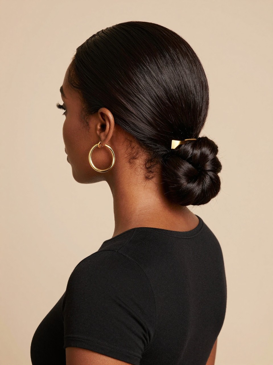 Image Prompt:
A realistic editorial hairstyle photo of a black woman with medium-length silk-pressed hair styled into a sleek low twist secured with a flat gold claw clip at the nape, deep side part, glossy smooth finish, fitted black top, gold hoop earrings, clean beige studio background, polished modern hairstyle inspiration, high-resolution DSLR photography, no text, (no watermarks on images)