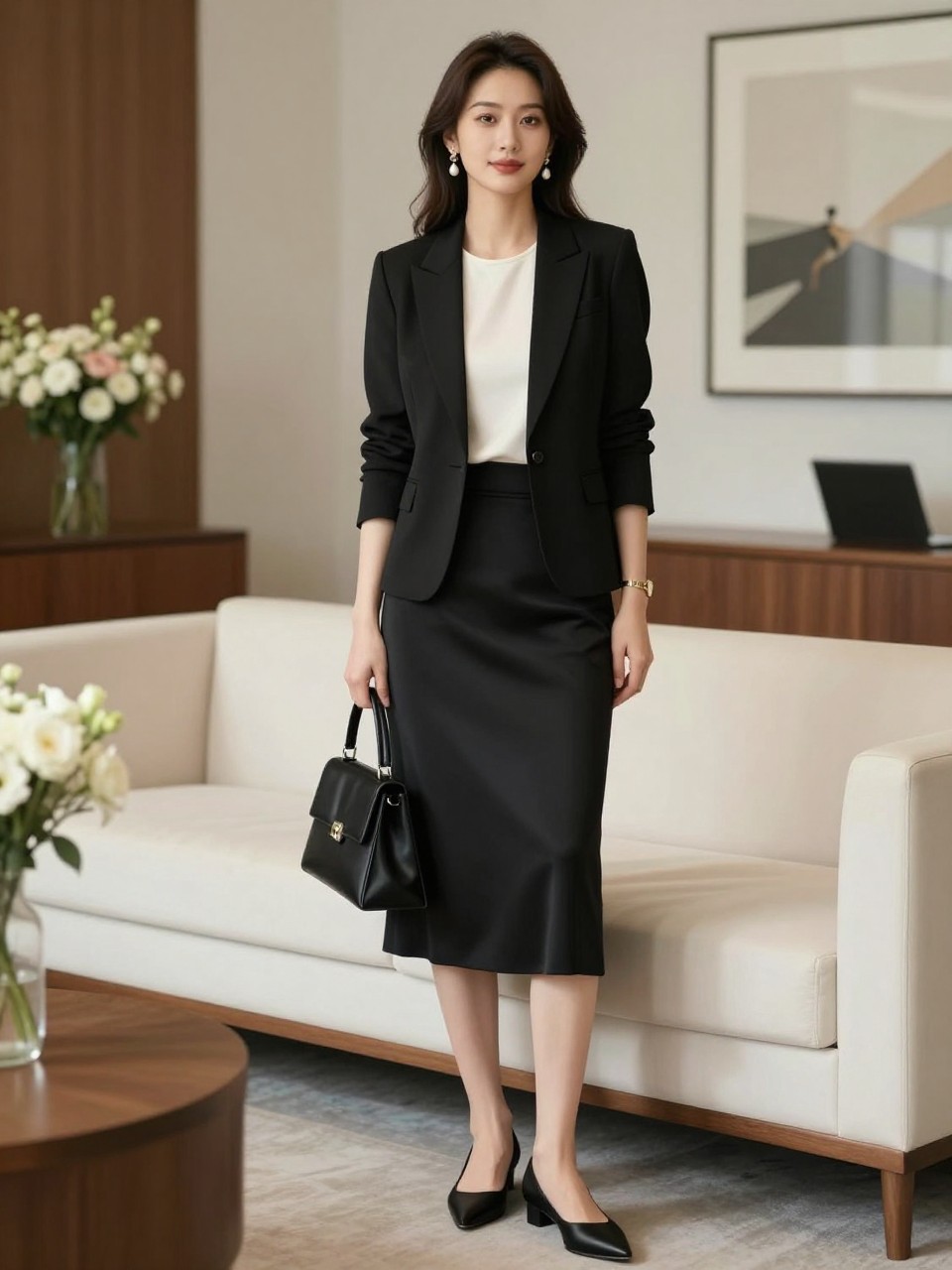A chic old money work outfit showing a woman wearing a black structured blazer over an ivory shell top, a black satin midi skirt, black pointed flats, a structured black handbag, pearl drop earrings, a slim gold watch, and softly styled hair. She is standing in a stylish office lounge with cream sofas, fresh flowers, framed art, and warm daylight. Realistic DSLR fashion editorial photo, elegant office skirt outfit, polished quiet luxury styling, no text, no watermark.
