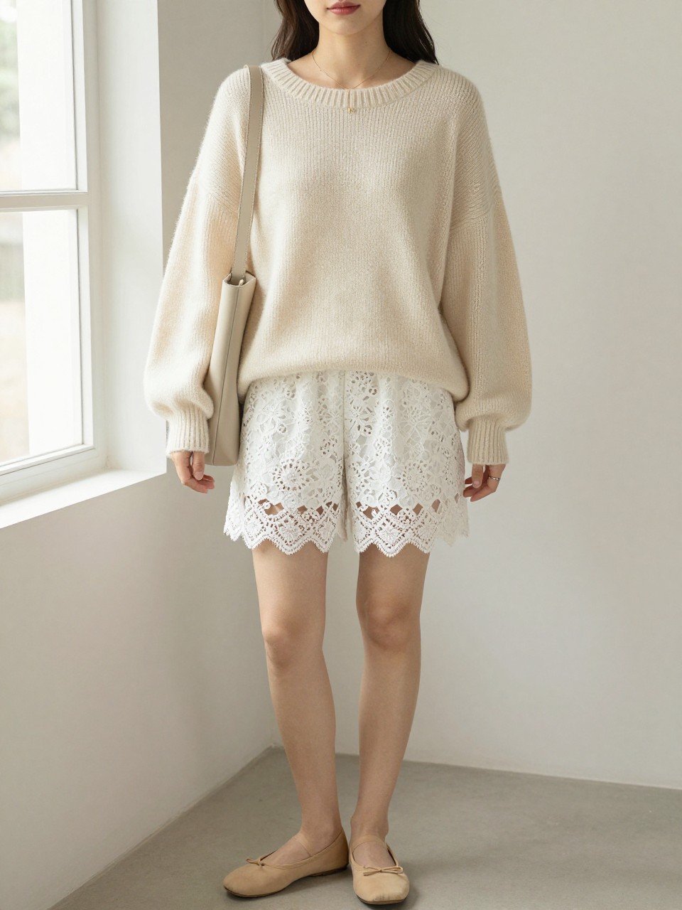 Image Prompt:
A cozy feminine outfit featuring white lace shorts paired with a soft cream oversized knit sweater, beige ballet flats, a neutral shoulder bag, and delicate jewelry. The setting is a bright indoor corner with natural window light and soft neutral decor, full outfit visible, relaxed but polished styling, realistic knit and lace textures, no text, no watermark on images.