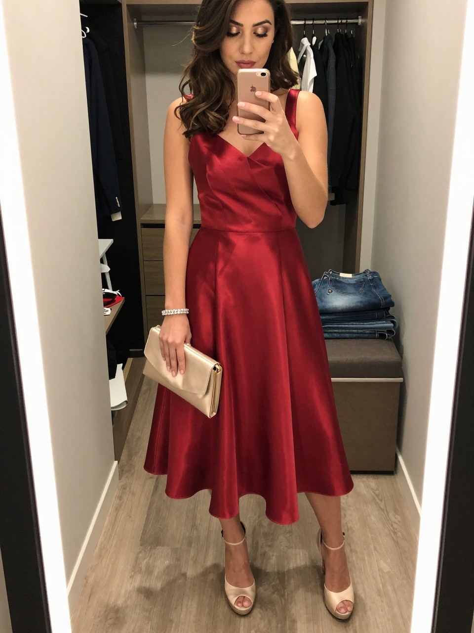 mirror selfie of a woman wearing a crimson red liquid satin A-line midi cocktail dress, champagne platform heels, crystal tennis bracelet, a champagne satin clutch, and smooth waves with champagne shimmer eyeshadow, clearly showing the same clothing items, colors, fabrics, and accessories listed in the Outfit Pieces section, holding a phone in front of a mirror, cropped at NECK so the face does not show, with a relaxed casual selfie pose, in a walk-in closet mirror, soft indoor lighting, including open closet with clothes visible and folded denim jeans on a bench, latest iPhone photo quality.