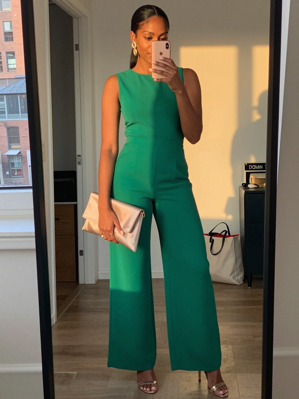 mirror selfie of a black woman wearing an emerald wide-leg jumpsuit with gold statement earrings, champagne metallic heeled sandals, a soft neutral satin clutch, and hair in a sleek ponytail, holding a phone in front of a mirror, cropped at NECK so face doesn't show, with a natural casual selfie pose, in a city apartment, evening golden hour, including small lived-in details like an open closet behind and a tote bag on the floor, latest iPhone photo quality (no watermarks on images)