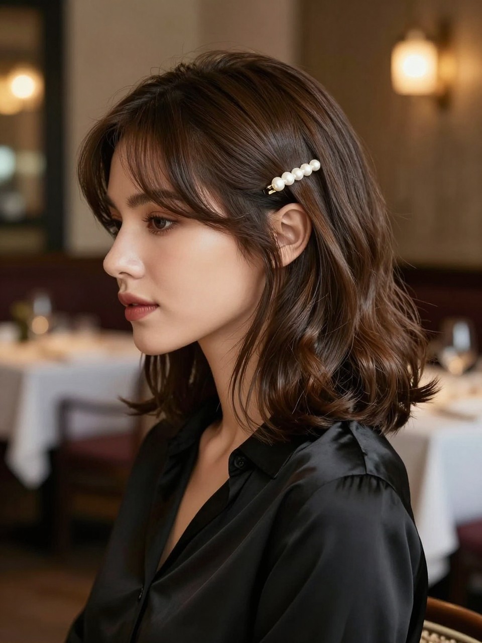 Image Prompt:
A realistic beauty photo of a woman with medium-length glossy brunette hair styled with a deep side sweep creating a faux side bang, the swept section secured behind the ear with a slim pearl barrette clip, soft bends through the ends, black satin blouse, softly lit restaurant background, warm evening light, chic romantic hairstyle inspiration, high-resolution DSLR photo, no text, (no watermarks on images)