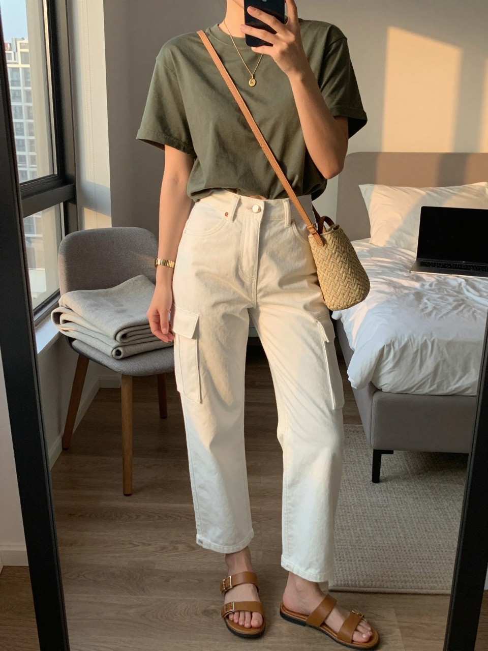 mirror selfie of a woman wearing white cargo jeans, olive green cropped cotton t-shirt, tan leather slide sandals, woven beige crossbody bag, and gold charm necklace, clearly showing the same clothing items, colors, fabrics, and accessories listed in the Outfit Pieces section, holding a phone in front of a mirror, cropped at NECK so the face does not show, with a relaxed casual selfie pose, in a stylish city apartment, evening golden hour, including a folded blanket on a chair and a laptop on the bed, latest iPhone photo quality.