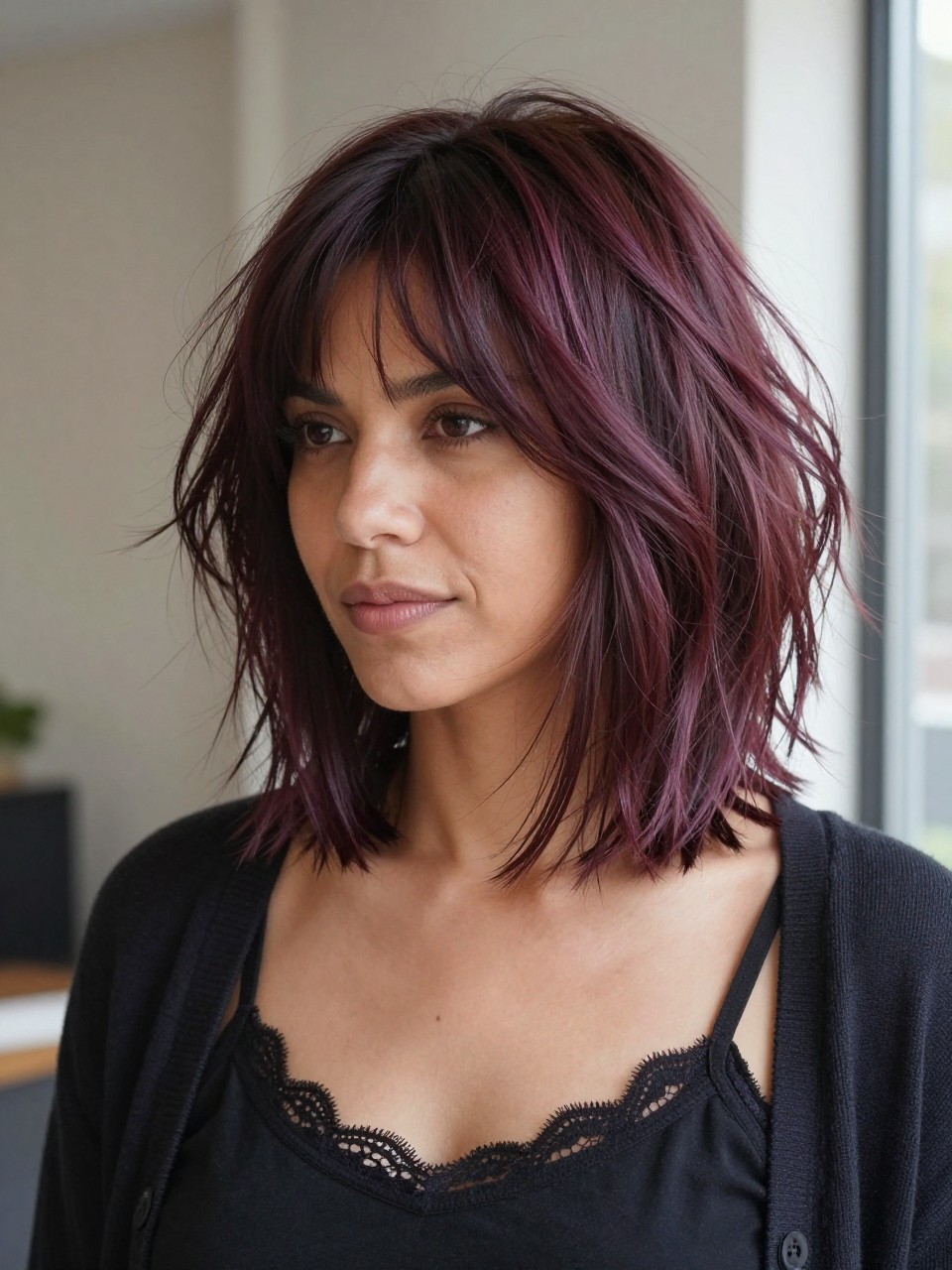 A realistic beauty portrait of a woman with medium olive skin wearing a plum-tinted shag lob with razored messy fringe, deep brunette base with soft plum tint visible in the light, shoulder-length shaggy lob, fringe cut in razored uneven pieces across the forehead, longer temple pieces, messy waves, lightly flipped layers, matte lived-in finish, black lace-trim camisole under a soft cardigan, photographed near a window in late-afternoon light, blurred neutral room background, realistic flyaways, natural skin texture, editorial hairstyle focus, subtle color not fantasy bright.